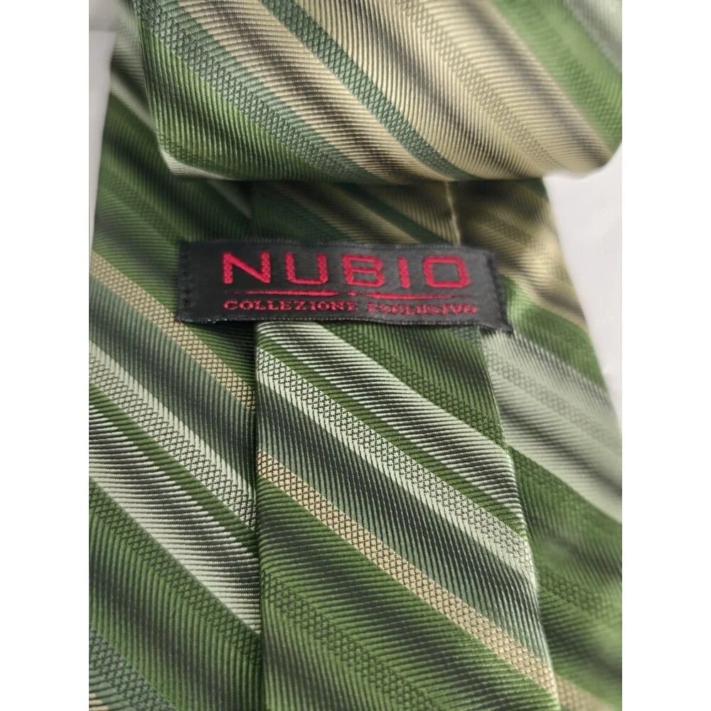 Vtg Nubio Mens Silk Tie Green Gold Striped Fashion Accessory Elegant Lux Formal